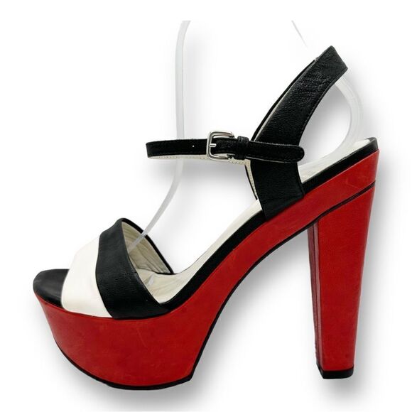 Stuart Weizmann Black Red and White Wide Strap Platform Sandals with Ankle Strap - Picture 1 of 15